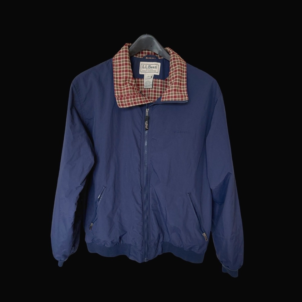 LL‎ Bean Warm-Up Jacket Navy Blue Plaid Collar Full Zip Bomber Large